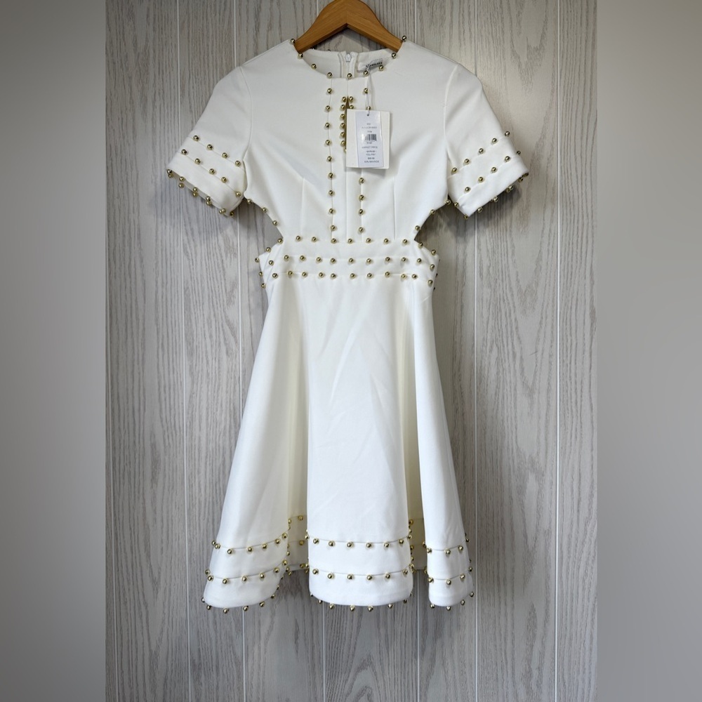 Avantlook Women's S Ivory Dress Gold Beaded Trim Cut Out Sides NWT - Picture 7 of 8